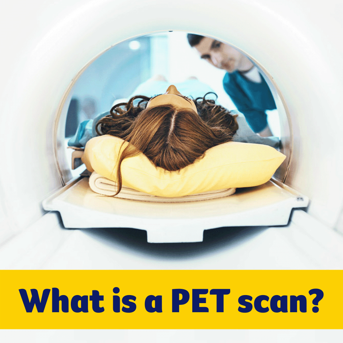 A woman in lying down going into a PET scan with a burse leaning down to speak to her